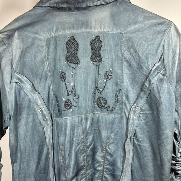 PARSLEY & SAGE Women's Cotton Embroidered Ruffle Button Down Shirt Blue Small - Picture 10 of 15